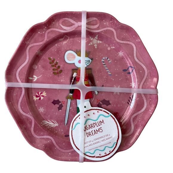 Sugarplum Dreams Christmas Nutcracker 8.5” PINK Melamine Plate Set of 4 NEW - Picture 3 of 14